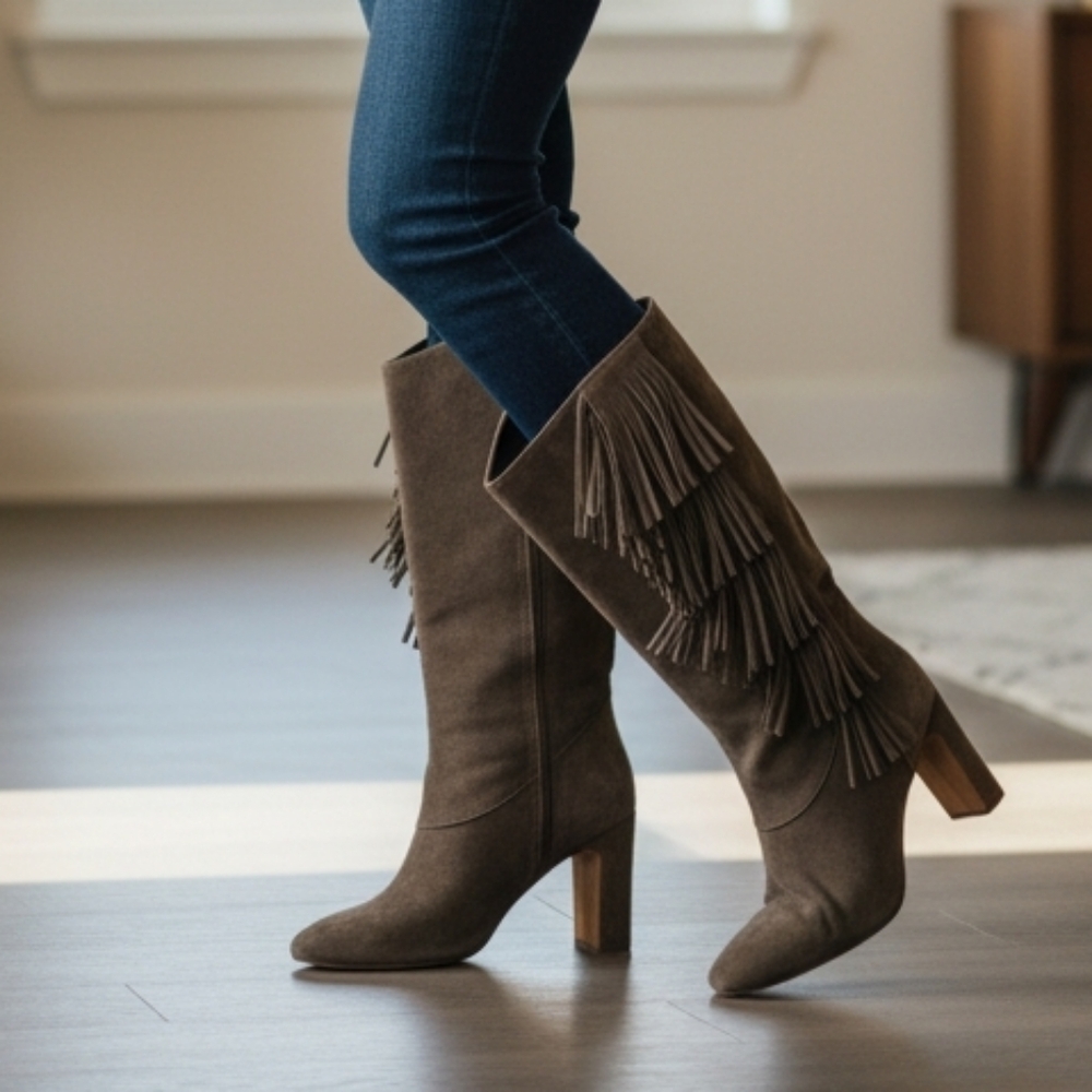 Vince Camuto Sterla Fringe Suede Leather Boots Edgy Hippie 70s Verona Brown Fall